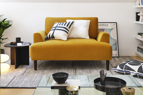 Mustard Image 7 - Model 05 Love Seat in Mustard Velvet - Lifestyle 1