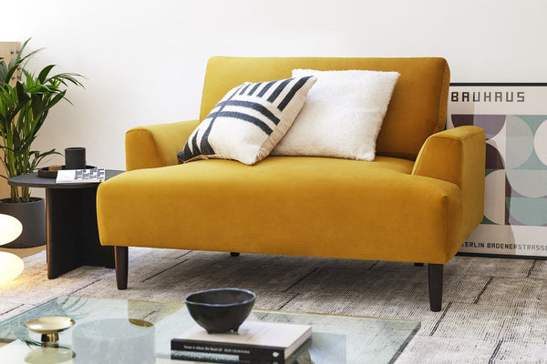 Mustard Image 8 - Model 05 Love Seat in Mustard Velvet - Lifestyle 2